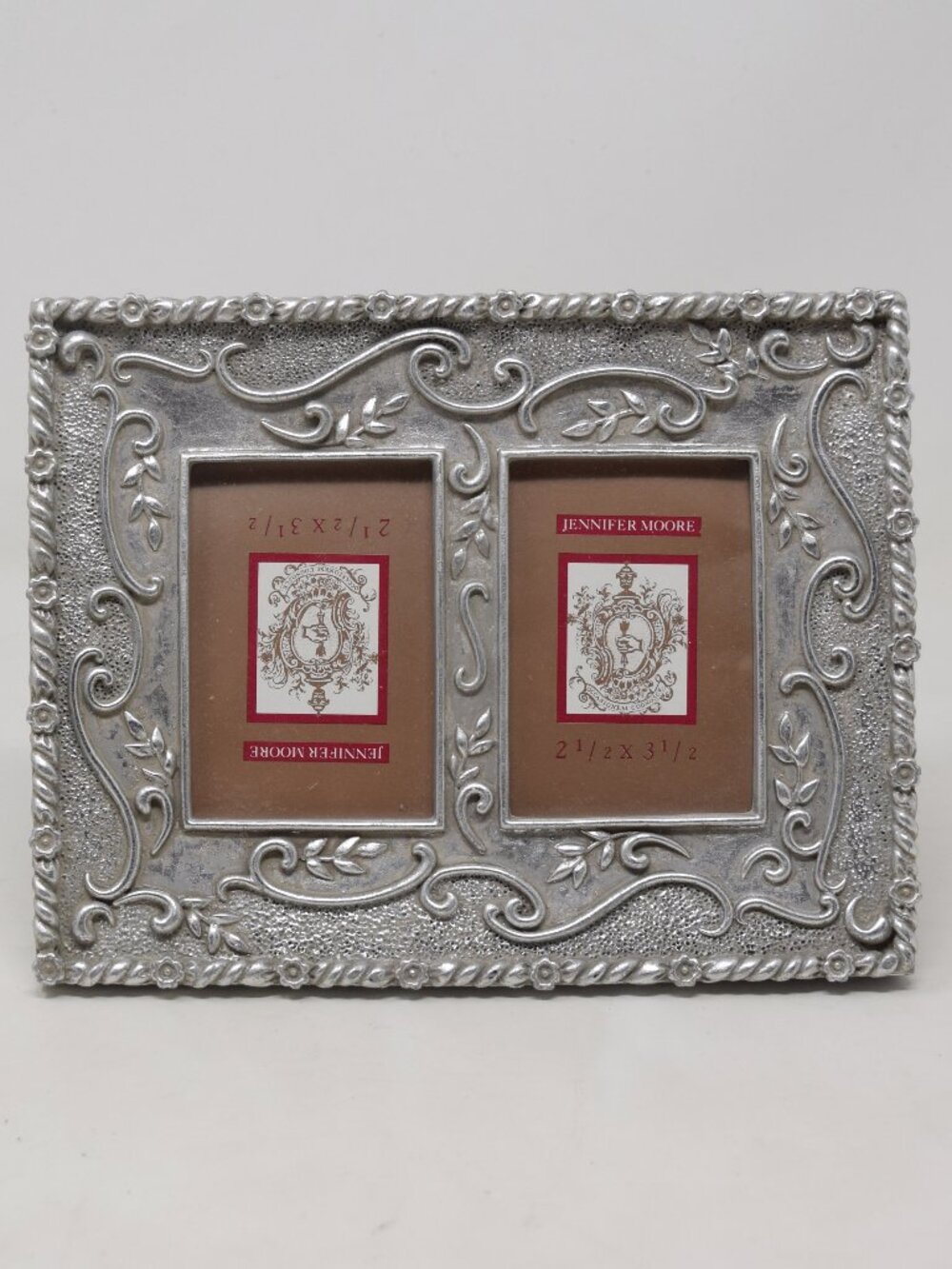VTG Jennifer Moore Double Photo Frame Silvertone Wood 3D Floral Wallet Tabletop